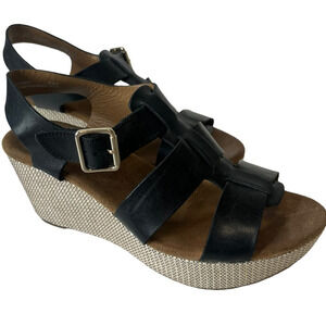 Clarks Artisan Black & Tan High Heel Platform Summer Leather Wedges Size 8.5
